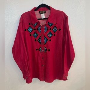 Bob Mackie Wearable Art Red Denim Shirt with Embroidered Design Size L